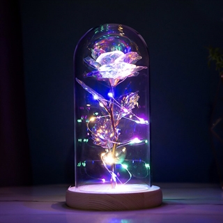 Kunstig rose med lyskæde i glaskuppel - Multifarvet lys